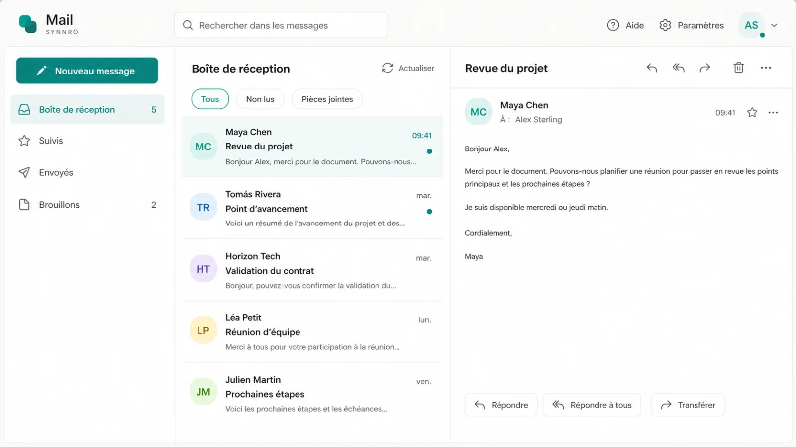 Aperçu illustré de l’application Mail : boîte de réception et volet de lecture